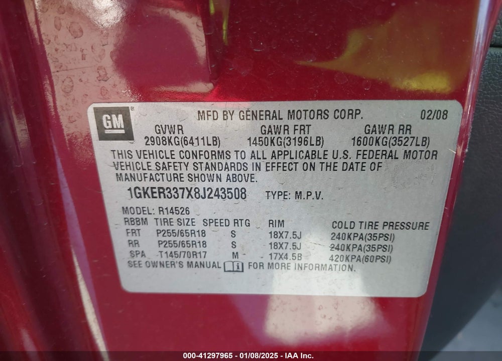 2008 GMC ACADIA SLT-2 VIN: 1GKER337X8J243508