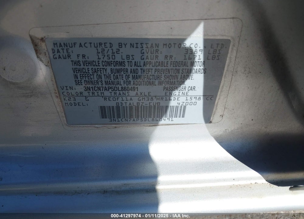 2013 NISSAN VERSA VIN: 3N1CN7AP5DL860491