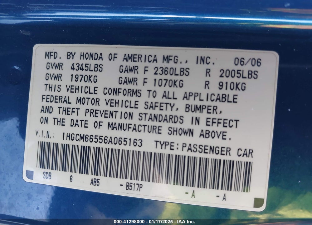 2006 HONDA ACCORD 3.0 EX VIN: 1HGCM66556A065163