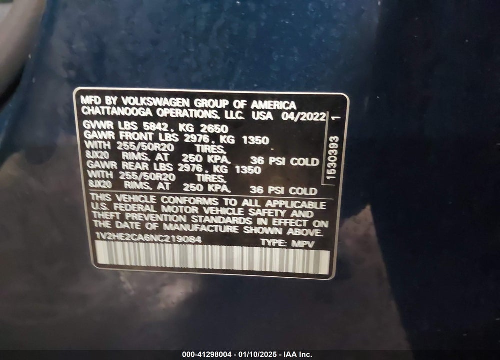2022 VOLKSWAGEN ATLAS CROSS SPORT 3.6L V6 SE W/TECHNOLOGY VIN: 1V2HE2CA6NC219084