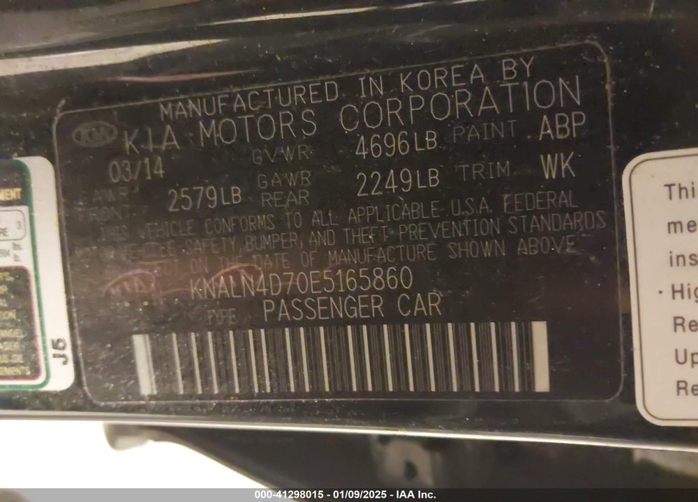 2014 KIA CADENZA PREMIUM VIN: KNALN4D70E5165860