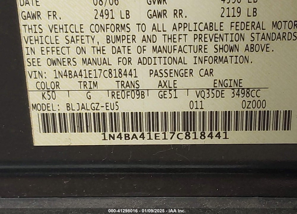 2007 NISSAN MAXIMA 3.5 SL VIN: 1N4BA41E17C818441