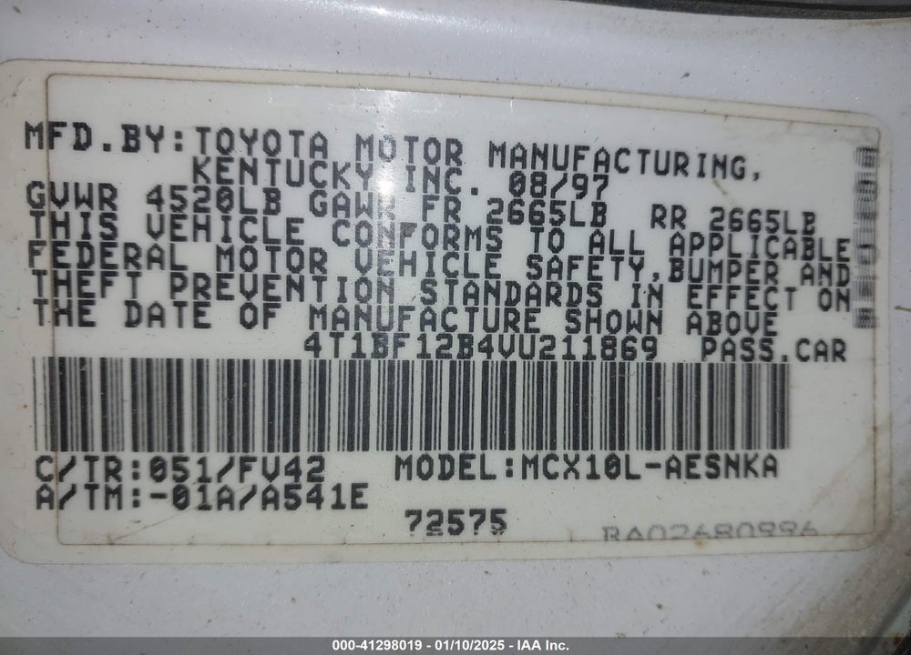 1997 TOYOTA AVALON VIN: 4T1BF12B4VU211869
