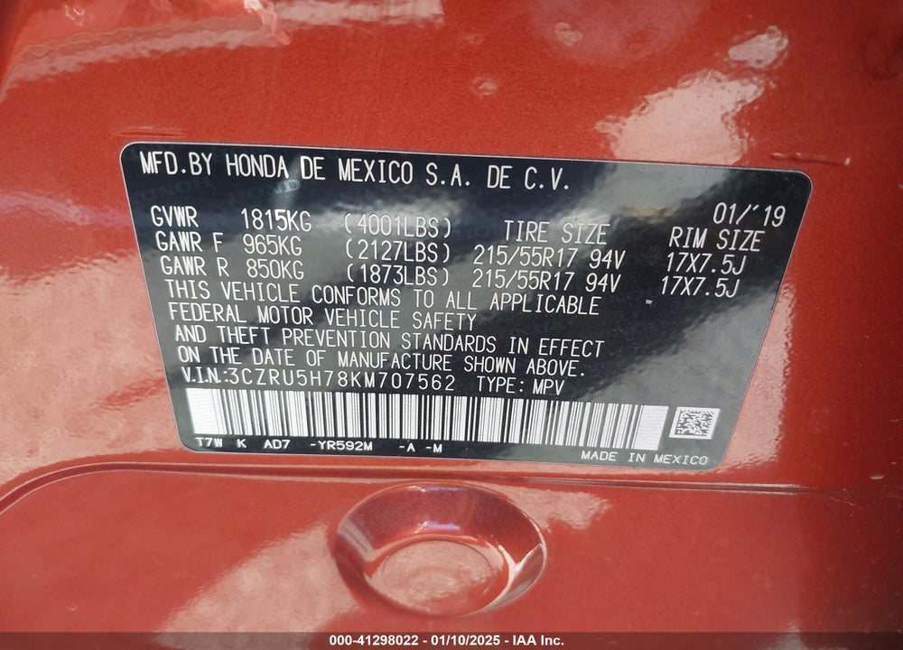 2019 HONDA HR-V EX-L VIN: 3CZRU5H78KM707562