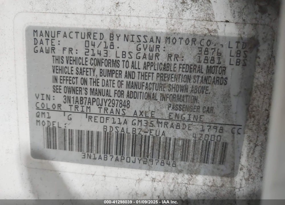 2018 NISSAN SENTRA S VIN: 3N1AB7AP0JY297848
