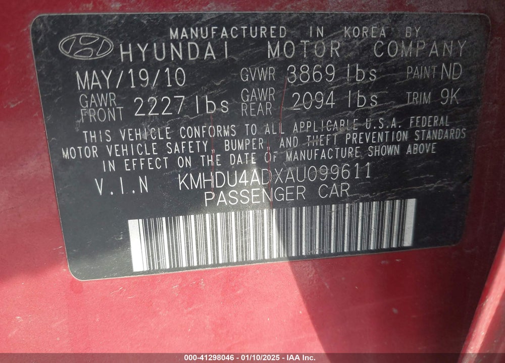 2010 HYUNDAI ELANTRA GLS VIN: KMHDU4ADXAU099611