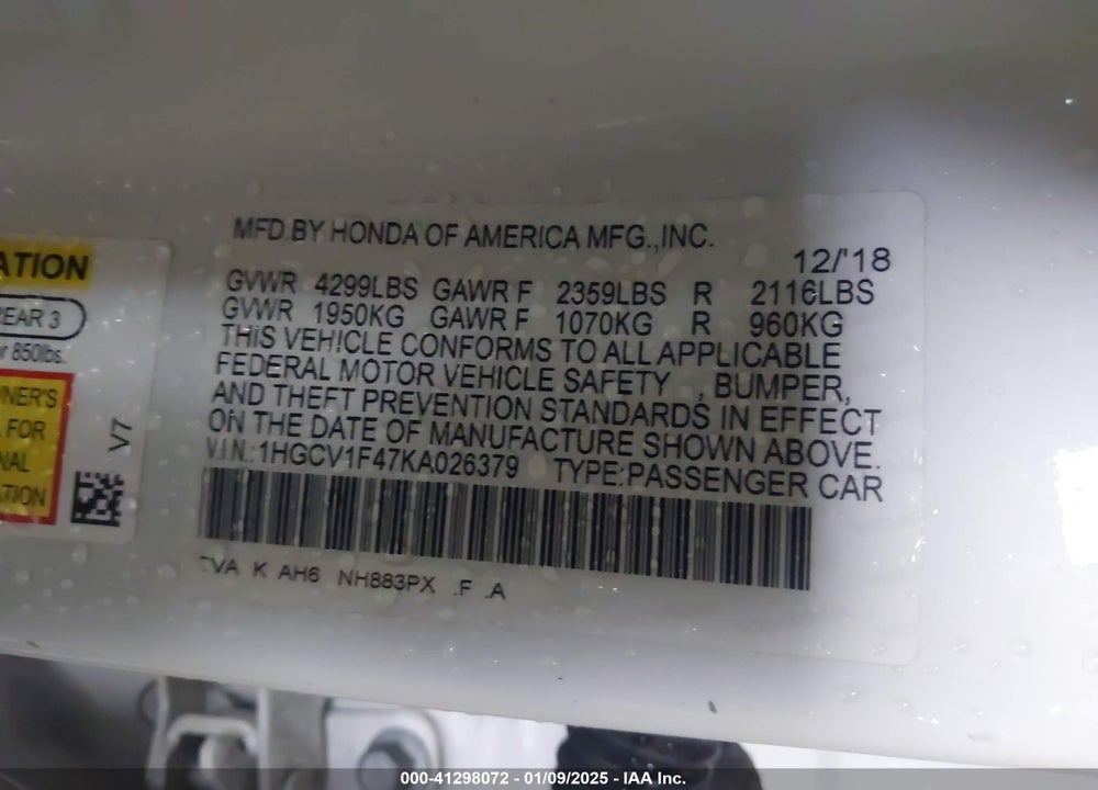 2019 HONDA ACCORD VIN: 1HGCV1F47KA026379