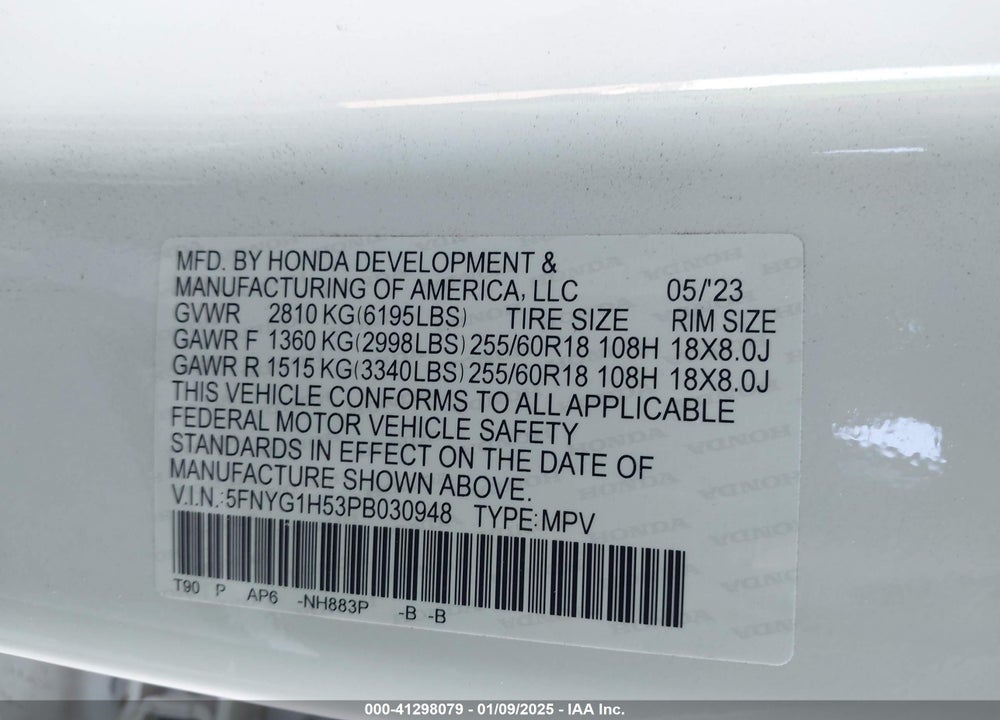 2023 HONDA PILOT AWD EX-L 7 PASSENGER VIN: 5FNYG1H53PB030948