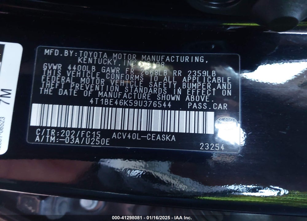 2009 TOYOTA CAMRY SE VIN: 4T1BE46K59U376544