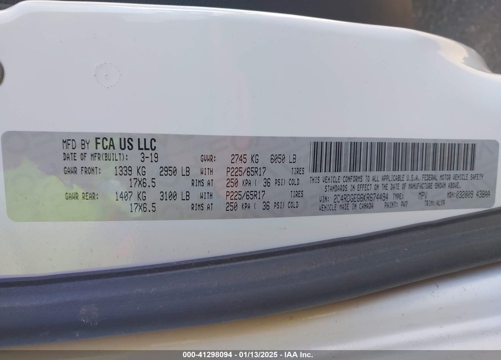 2019 DODGE GRAND CARAVAN VIN: 2C4RDGEG6KR674494