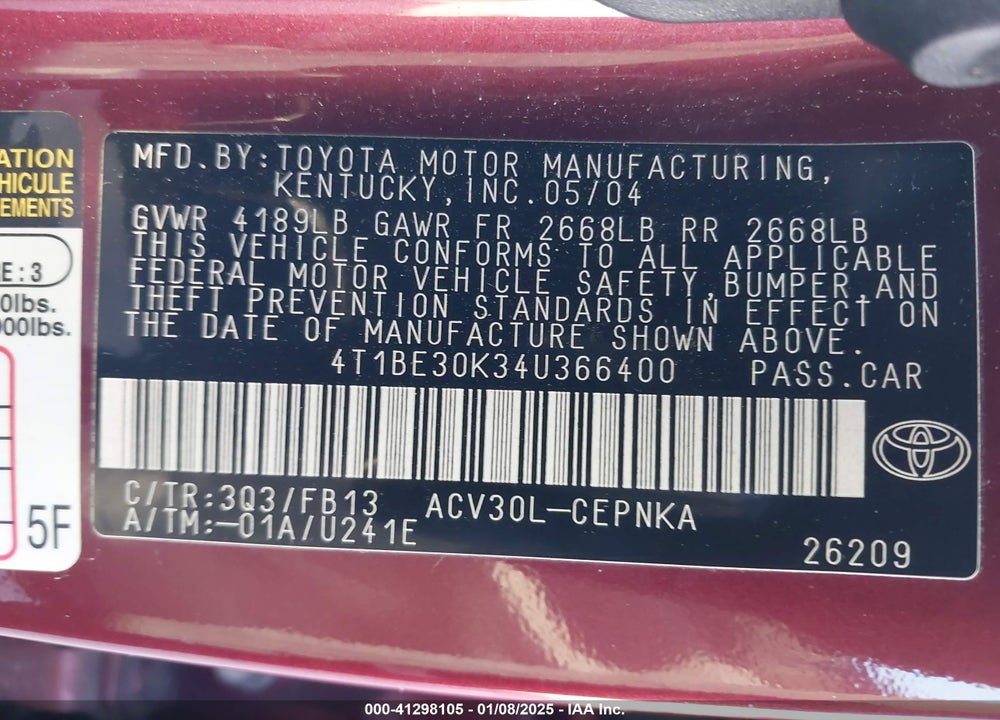 2004 TOYOTA CAMRY LE VIN: 4T1BE30K34U366400