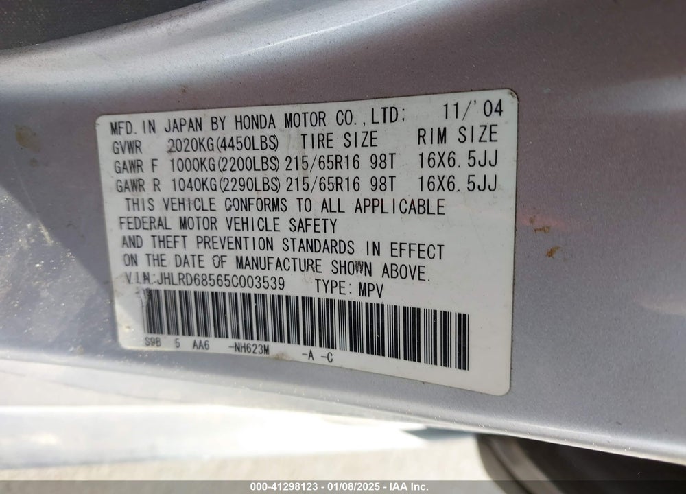 2005 HONDA CR-V LX VIN: JHLRD68565C003539