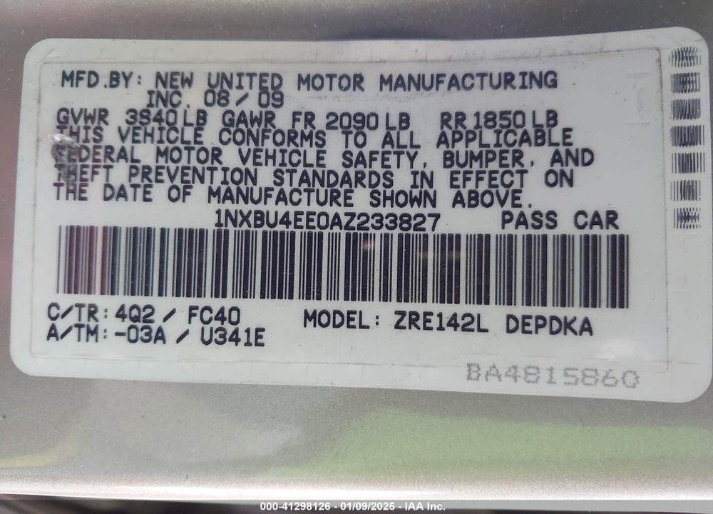 2010 TOYOTA COROLLA LE VIN: 1NXBU4EE0AZ233827