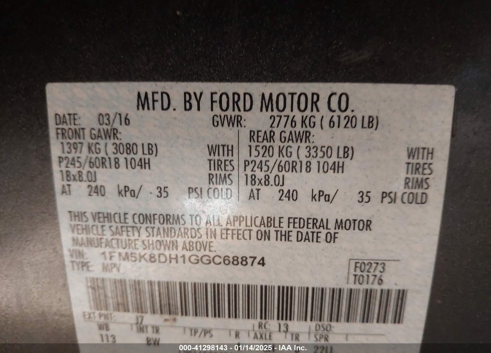 2016 FORD EXPLORER XLT VIN: 1FM5K8DH1GGC68874