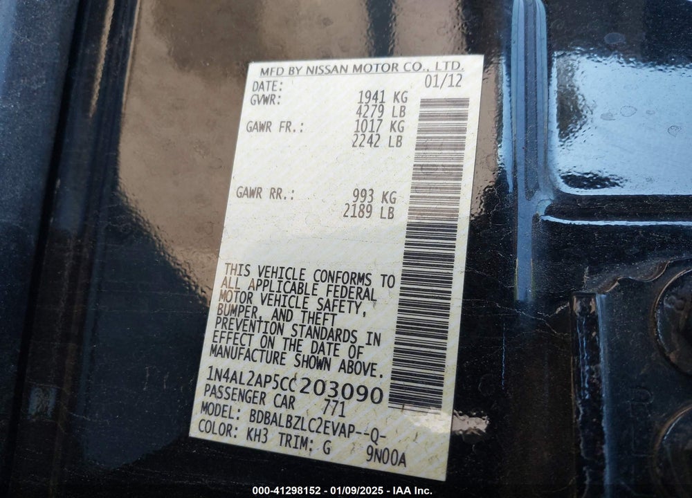 2012 NISSAN ALTIMA VIN: 1N4AL2AP5CC203090