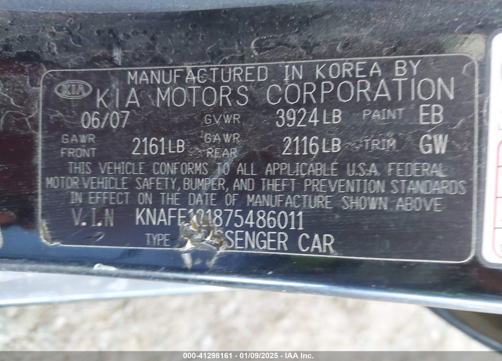 2007 KIA SPECTRA VIN: KNAFE121875486011