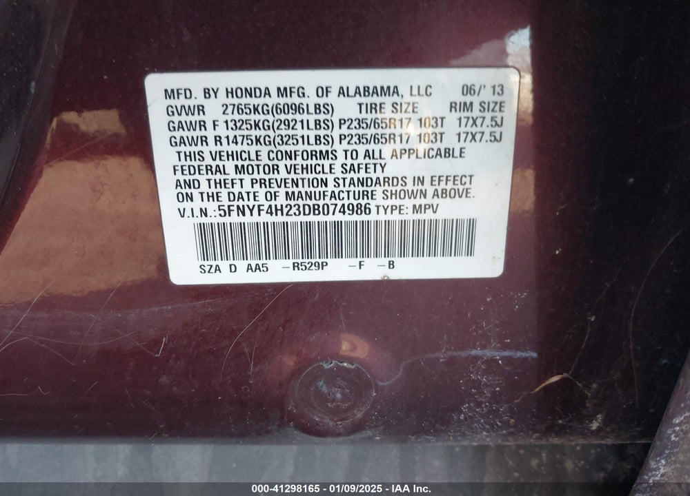 2013 HONDA PILOT LX VIN: 5FNYF4H23DB074986