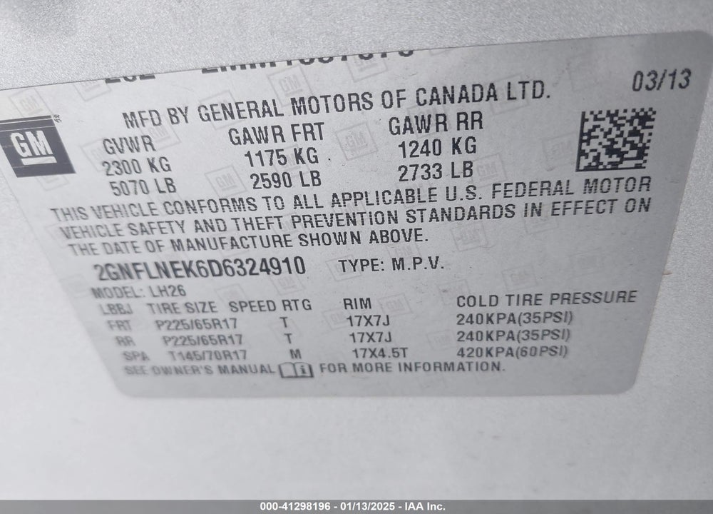 2013 CHEVROLET EQUINOX 2LT VIN: 2GNFLNEK6D6324910