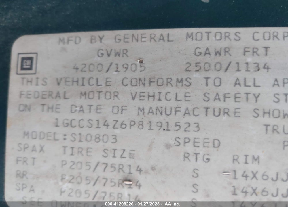 1993 CHEVROLET S TRUCK S10 VIN: 1GCCS14Z6P8191523