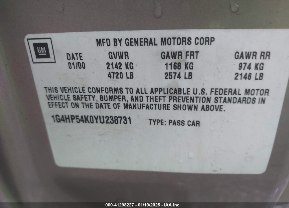 2000 BUICK LESABRE CUSTOM VIN: 1G4HP54K0YU238731