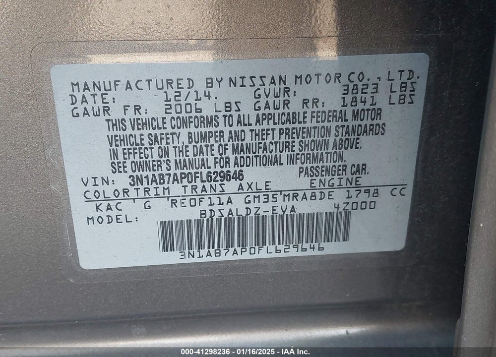 2015 NISSAN SENTRA SV VIN: 3N1AB7AP0FL629646