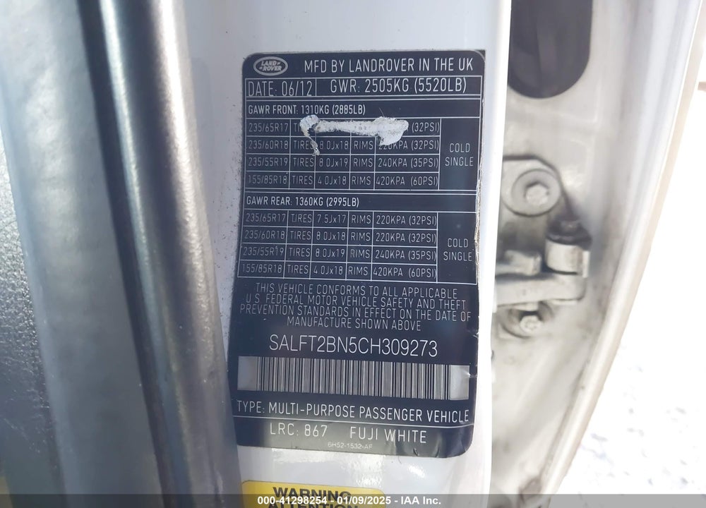 2012 LAND ROVER LR2 VIN: SALFT2BN5CH309273