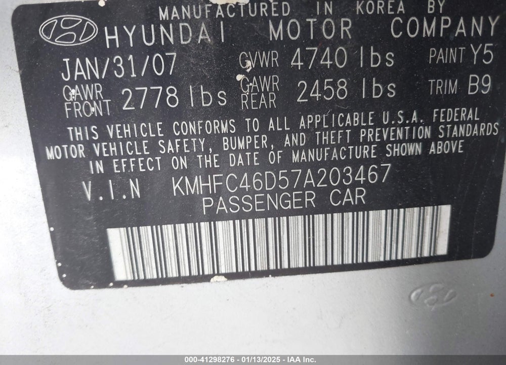 2007 HYUNDAI AZERA GLS VIN: KMHFC46D57A203467