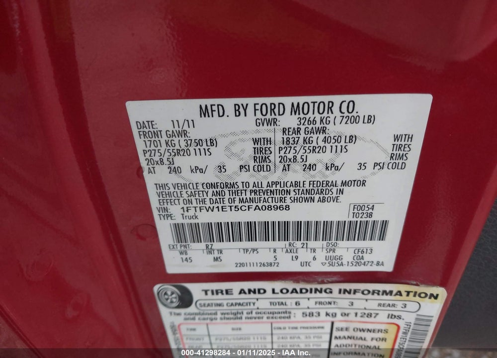 2012 FORD F-150 VIN: 1FTFW1ET5CFA08968