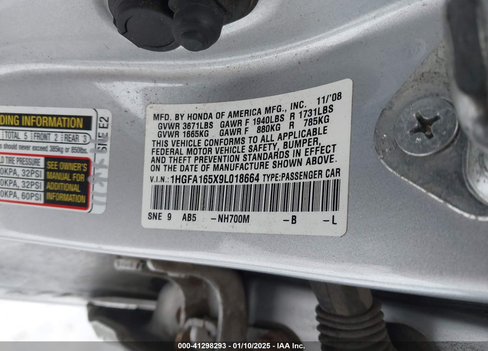 2009 HONDA CIVIC LX VIN: 1HGFA165X9L018664