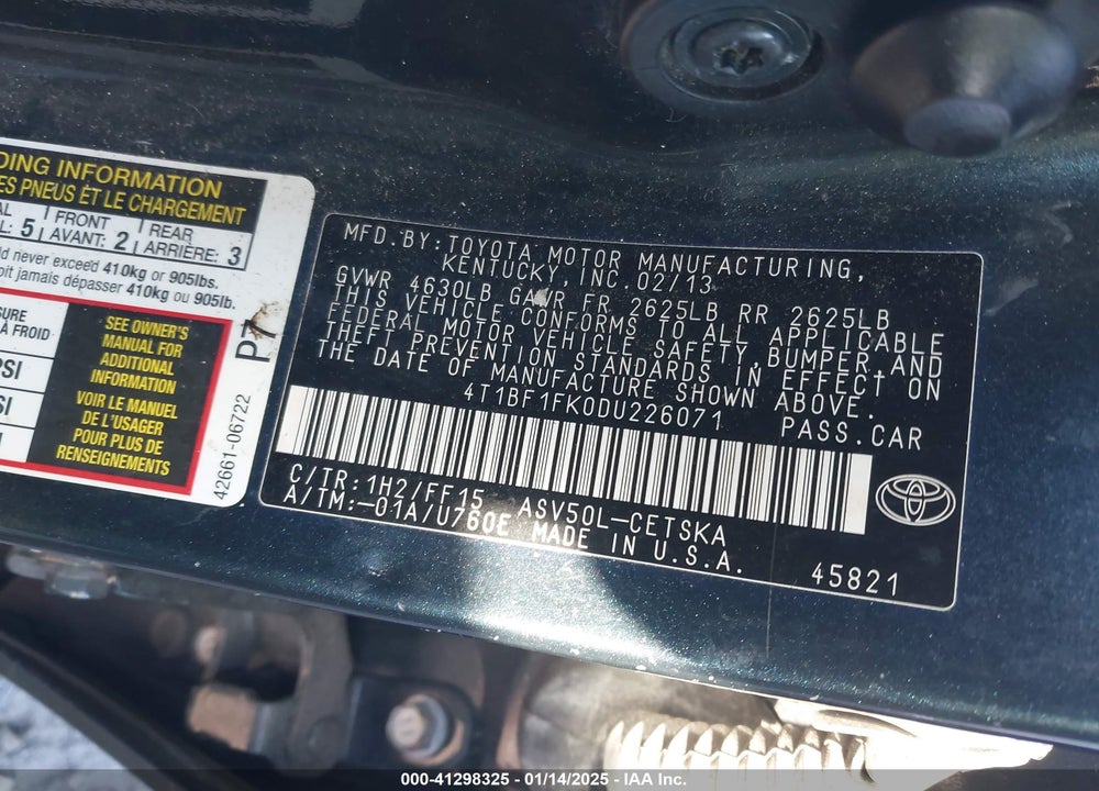 2013 TOYOTA CAMRY VIN: 4T1BF1FK0DU226071