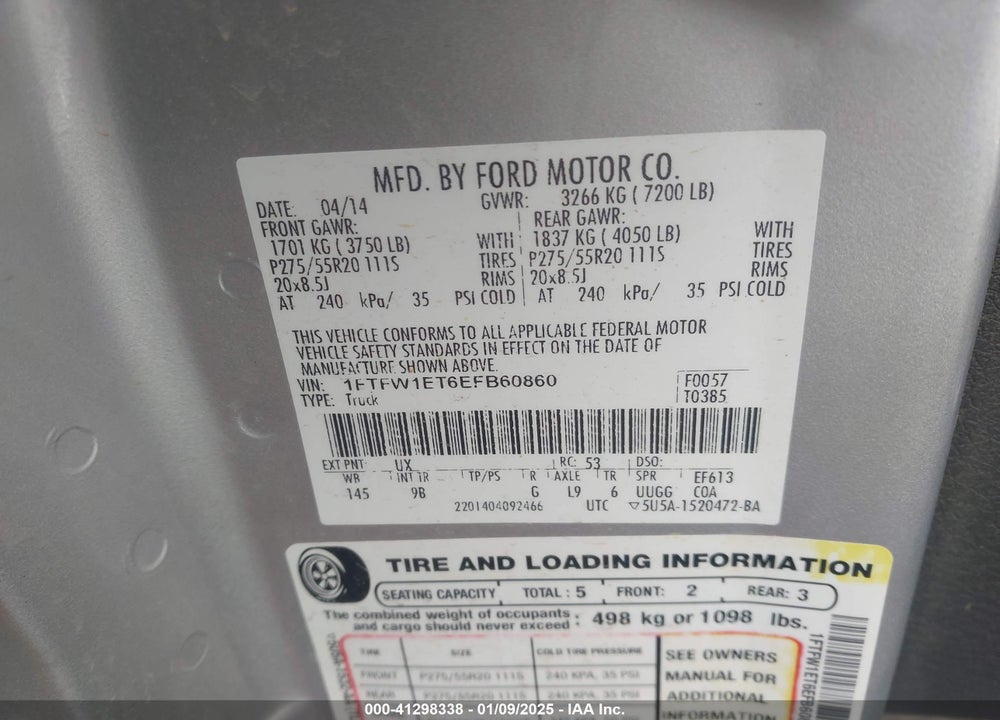 2014 FORD F-150 PLATINUM VIN: 1FTFW1ET6EFB60860