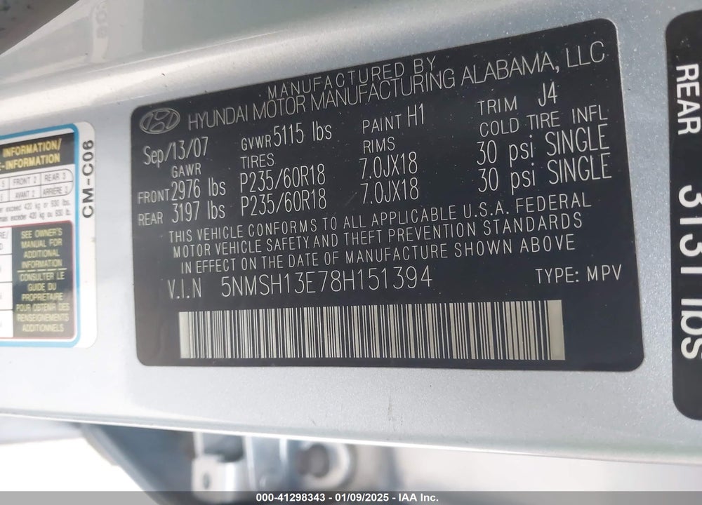 2008 HYUNDAI SANTA FE LIMITED/SE VIN: 5NMSH13E78H151394