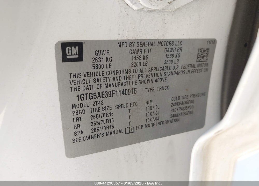2015 GMC CANYON VIN: 1GTG5AE39F1140916