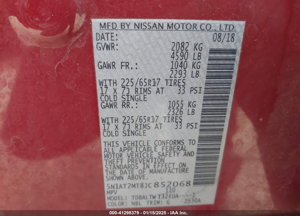 2018 NISSAN ROGUE SV VIN: 5N1AT2MT8JC852068