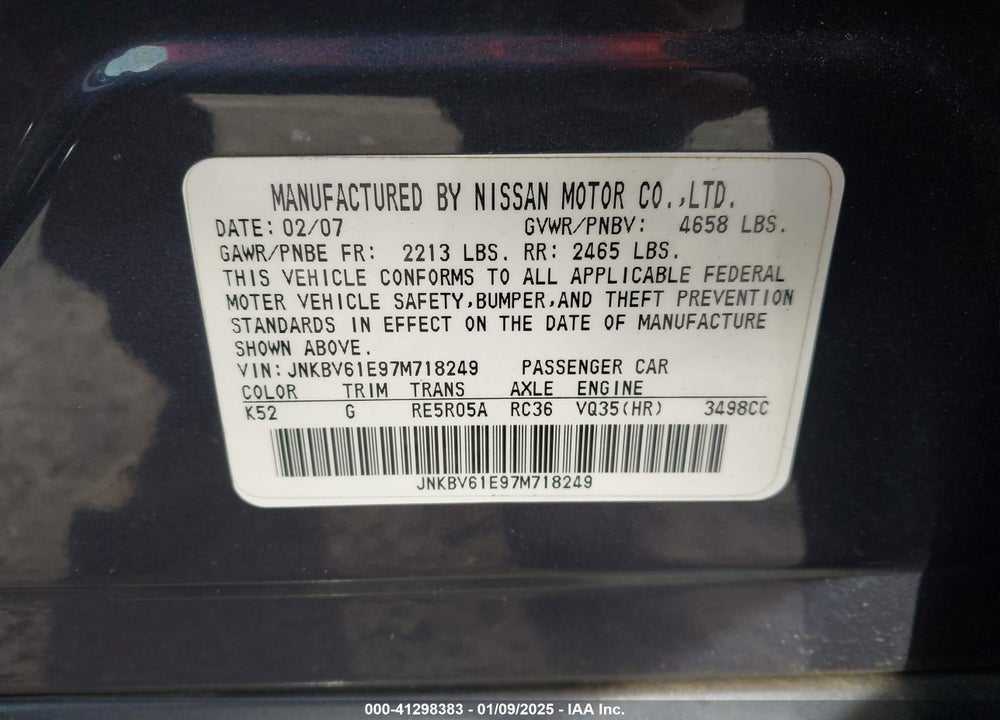 2007 INFINITI G35 JOURNEY VIN: JNKBV61E97M718249