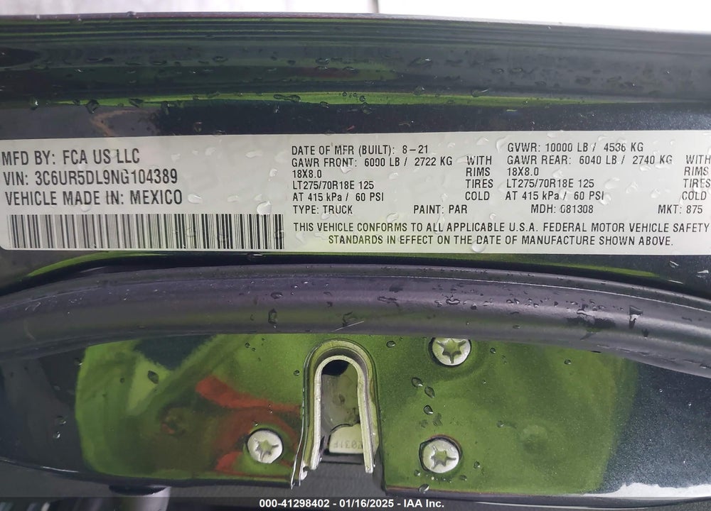 2022 RAM 2500 VIN: 3C6UR5DL9NG104389