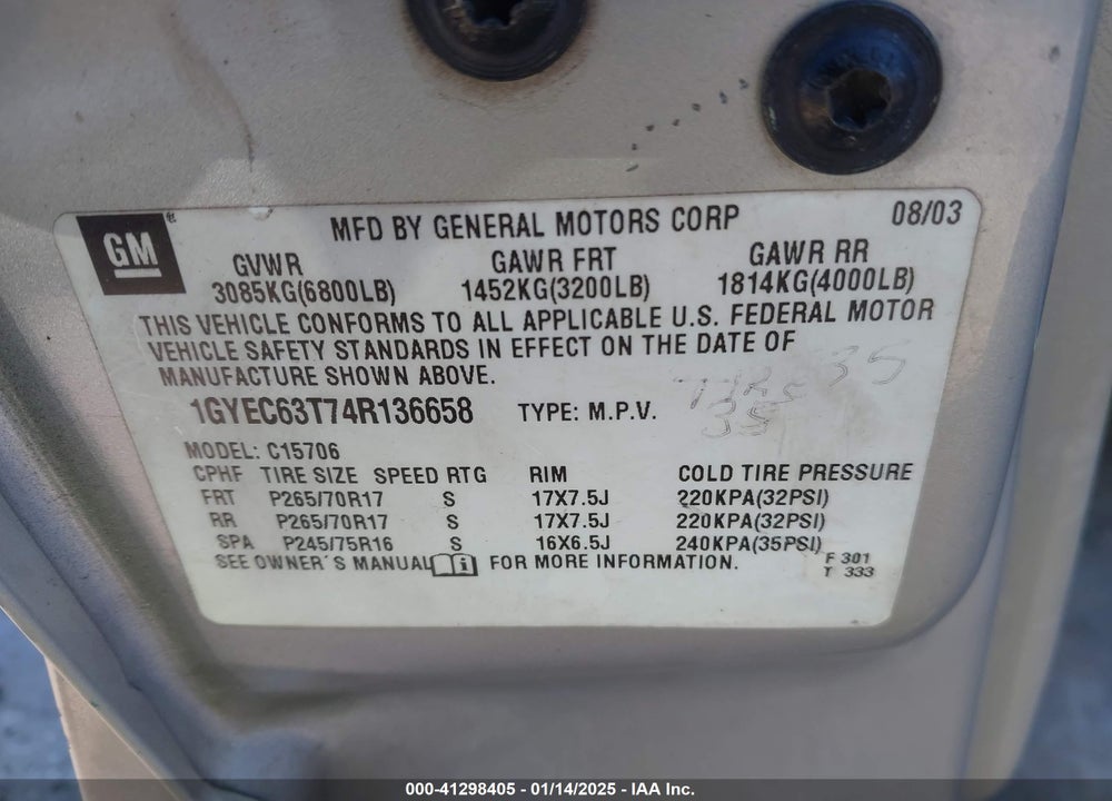 2004 CADILLAC ESCALADE STANDARD VIN: 1GYEC63T74R136658