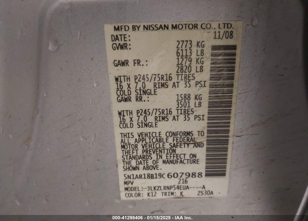 2009 NISSAN PATHFINDER VIN: 5N1AR18B19C607988