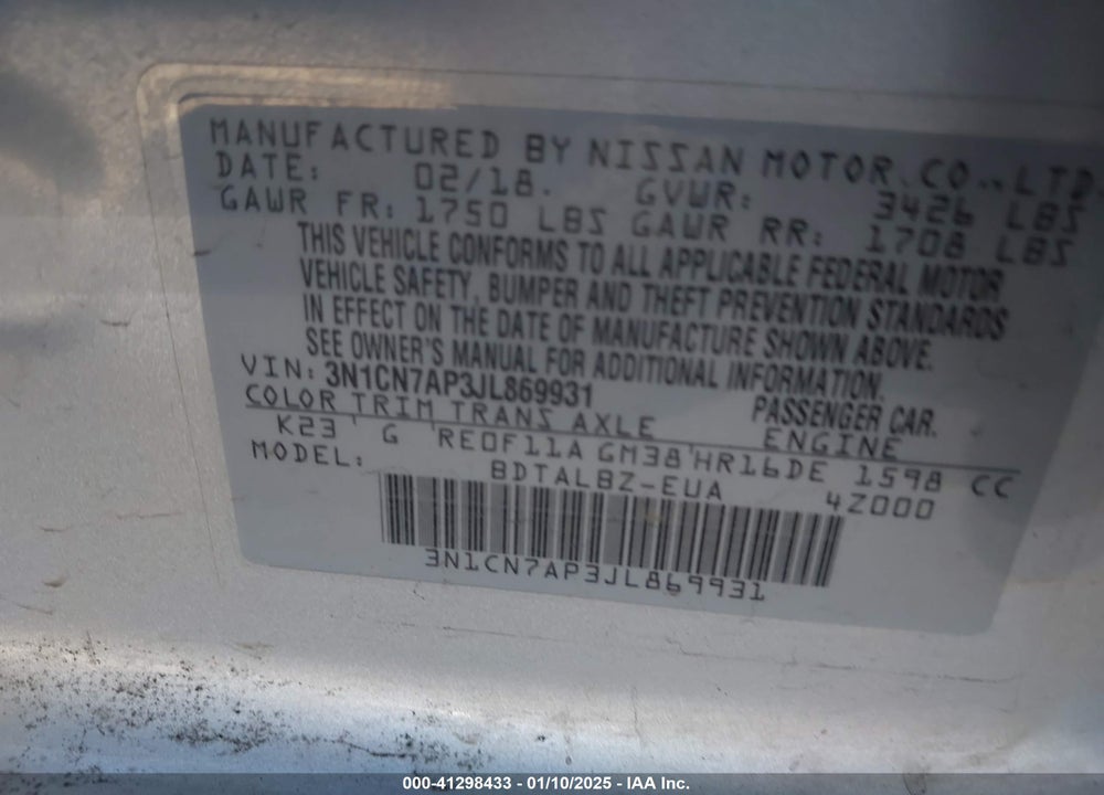 2018 NISSAN VERSA VIN: 3N1CN7AP3JL869931