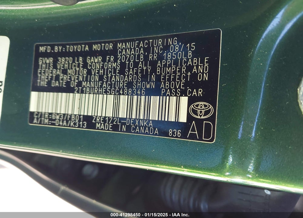 2016 TOYOTA COROLLA VIN: 2T1BURHE5GC488346