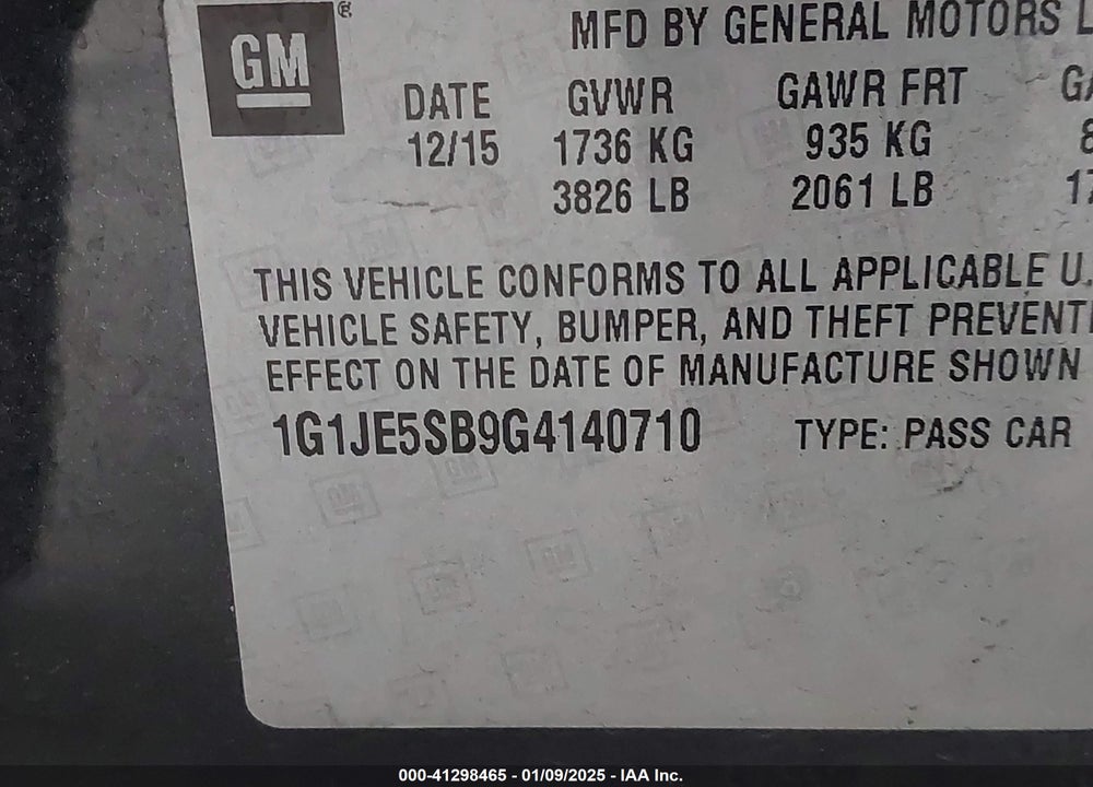2016 CHEVROLET SONIC VIN: 1G1JE5SB9G4140710