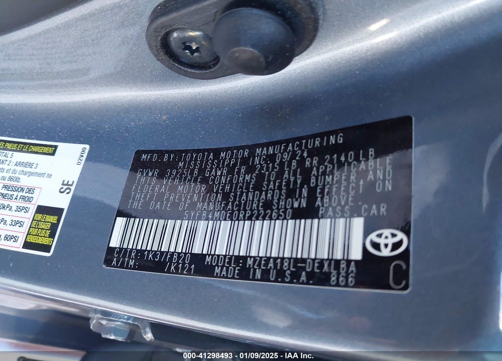2024 TOYOTA COROLLA VIN: 5YFB4MDE0RP222650