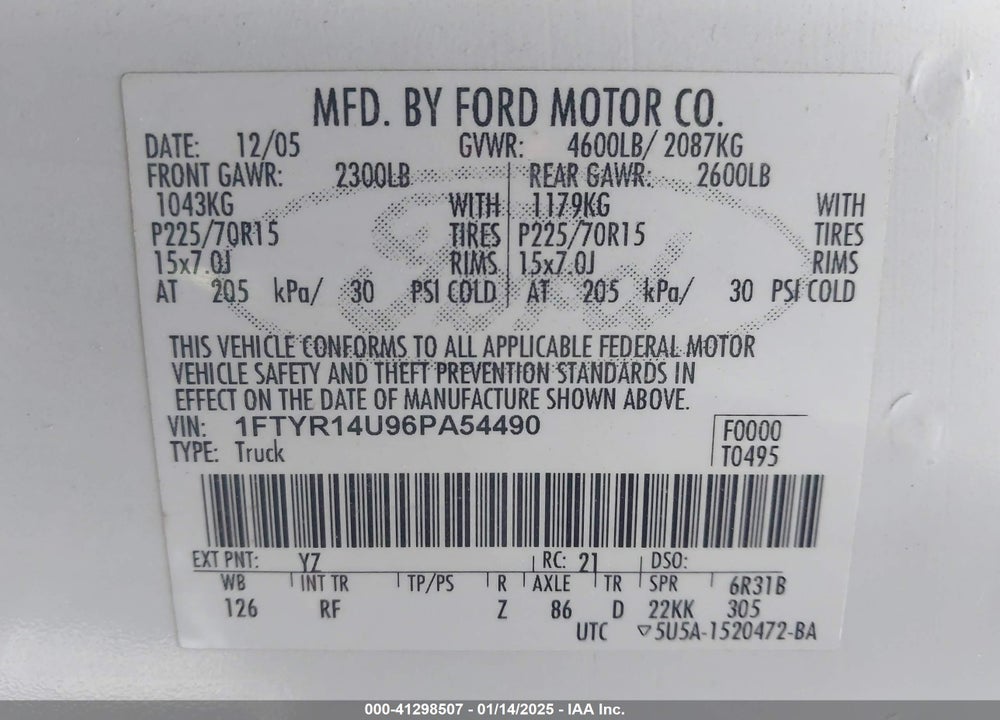 2006 FORD RANGER VIN: 1FTYR14U96PA54490