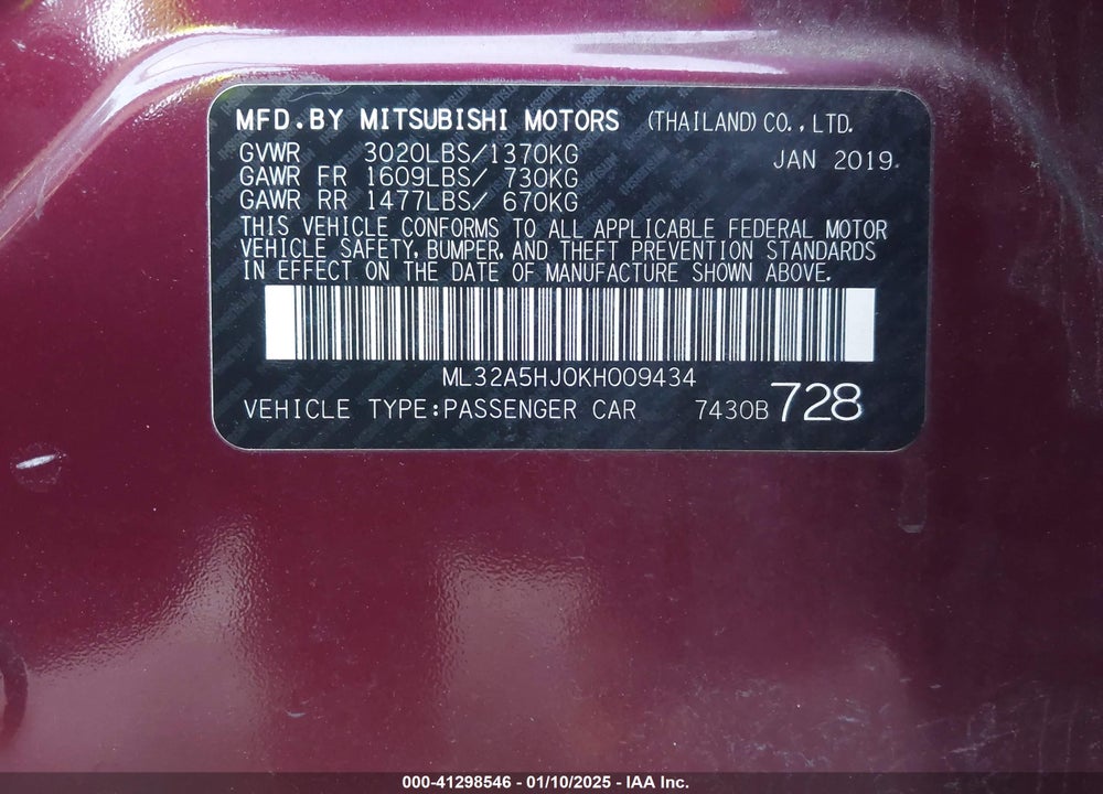 2019 MITSUBISHI MIRAGE VIN: ML32A5HJ0KH009434