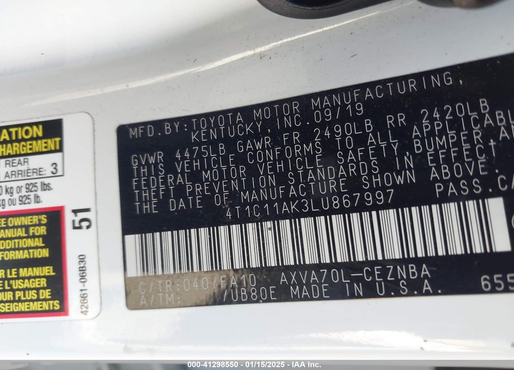 2020 TOYOTA CAMRY VIN: 4T1C11AK3LU867997