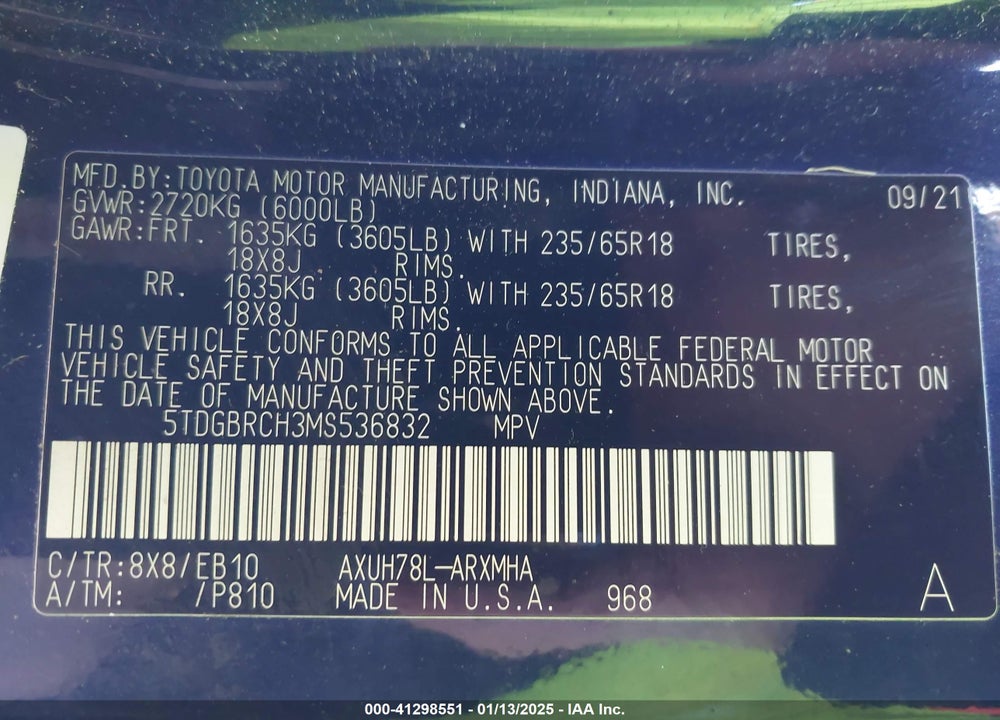 2021 TOYOTA HIGHLANDER HYBRID XLE VIN: 5TDGBRCH3MS536832