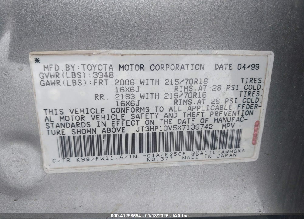 1999 TOYOTA RAV4 VIN: JT3HP10V5X7139742
