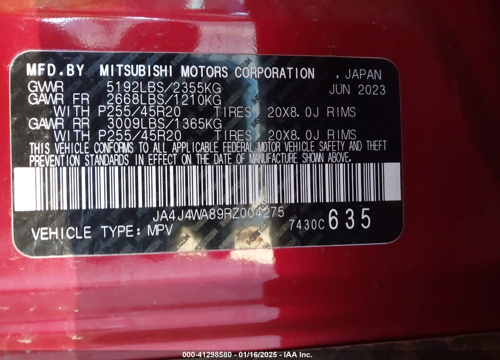 2024 MITSUBISHI OUTLANDER SEL 2.5 S-AWC/SEL BLACK EDITION S-AWC/SEL PLATINUM EDITION S-AWC VIN: JA4J4WA89RZ004275