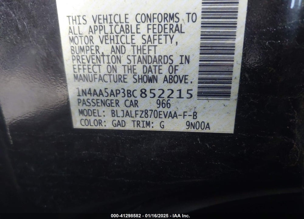 2011 NISSAN MAXIMA 3.5 SV VIN: 1N4AA5AP3BC852215