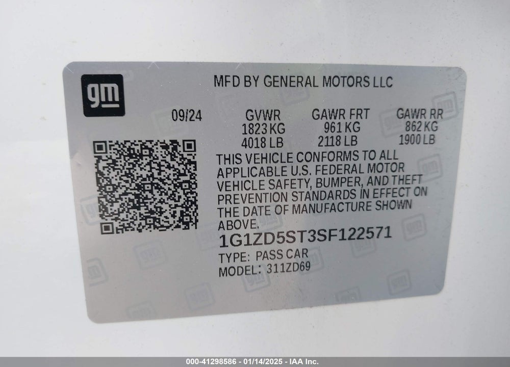 2025 CHEVROLET MALIBU FWD 1LT VIN: 1G1ZD5ST3SF122571